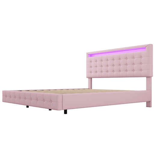 Cama para adultos 140x200cm - com LED e controlo remoto - em imitação de pele - Rosa