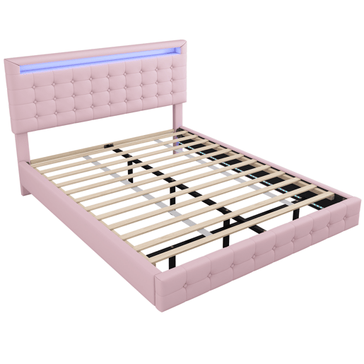 Cama para adultos 140x200cm - com LED e controlo remoto - em imitação de pele - Rosa