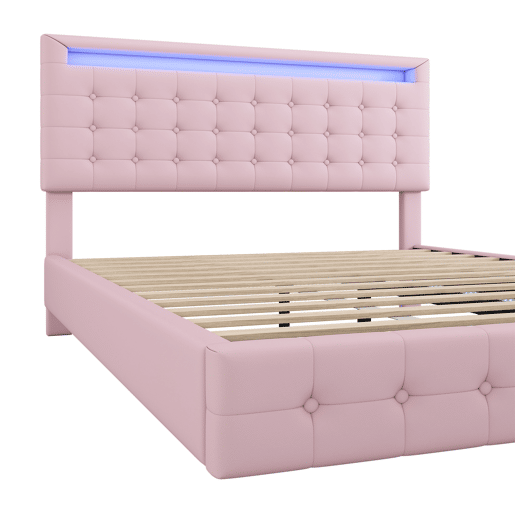 Cama para adultos 140x200cm - com LED e controlo remoto - em imitação de pele - Rosa
