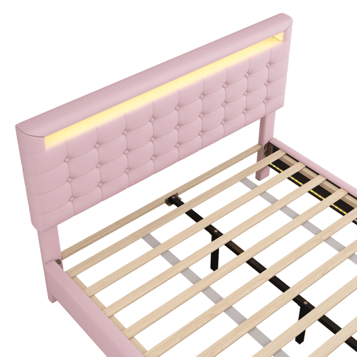 Cama para adultos 140x200cm - com LED e controlo remoto - em imitação de pele - Rosa