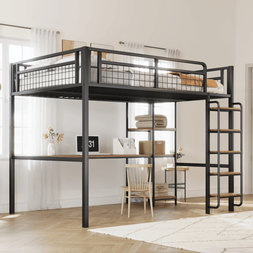 Cama alta metálica 140x200 cm - com secretária e escada de segurança - Preto