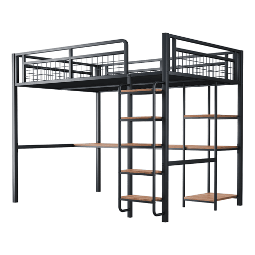 Cama alta metálica 140x200 cm - com secretária e escada de segurança - Preto