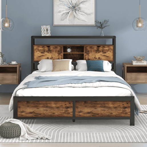 Cama para adultos 140x200 cm com espaço de arrumação - estrutura metálica - Castanho