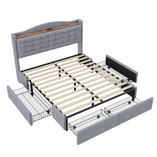 Cama de linho para adultos 140x200 cm - com tomada USB e 4 gavetas - estrado de ripas - Cinzento claro