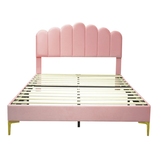 Cama estofada em veludo 140x200cm com estrado de ripas - cabeceira regulável - Rosa