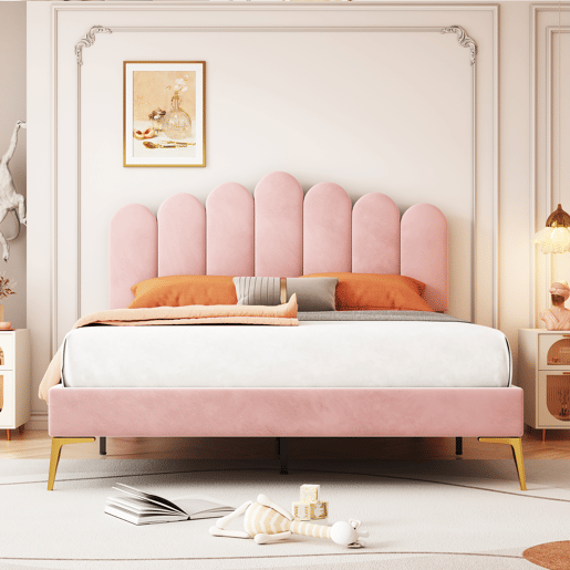 Cama estofada em veludo 140x200cm com estrado de ripas - cabeceira regulável - Rosa