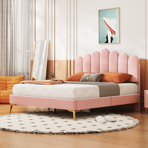 Cama estofada em veludo 140x200cm com estrado de ripas - cabeceira regulável - Rosa