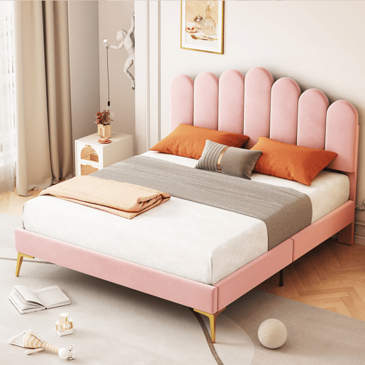 Cama estofada em veludo 140x200cm com estrado de ripas - cabeceira regulável - Rosa