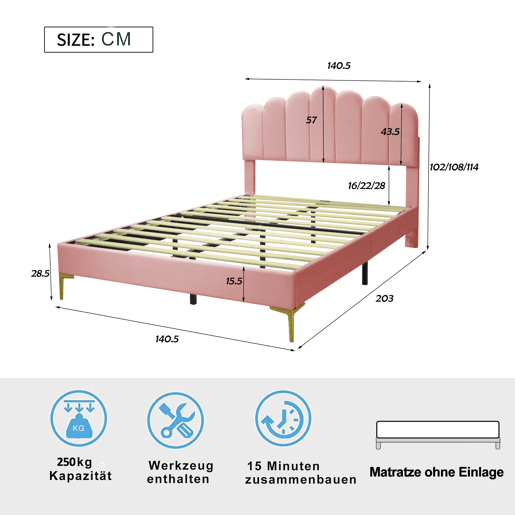 Cama estofada em veludo 140x200cm com estrado de ripas - cabeceira regulável - Rosa