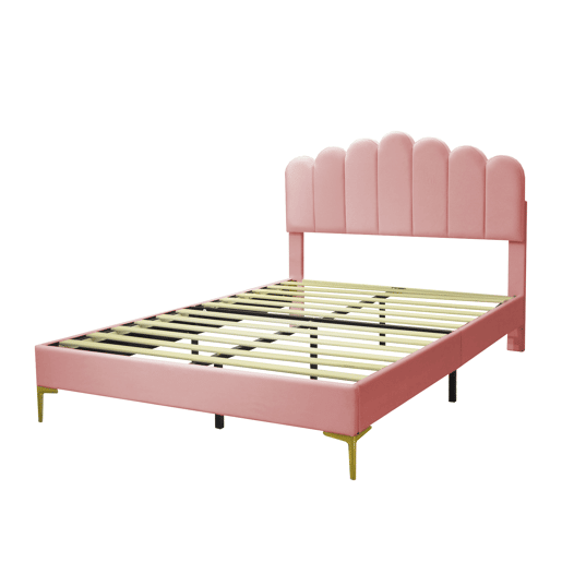 Cama estofada em veludo 140x200cm com estrado de ripas - cabeceira regulável - Rosa