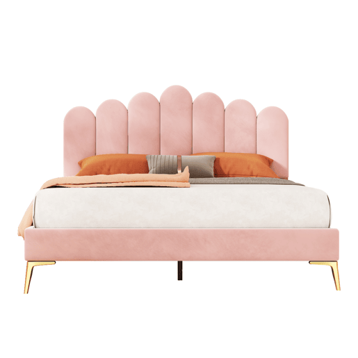 Cama estofada em veludo 140x200cm com estrado de ripas - cabeceira regulável - Rosa