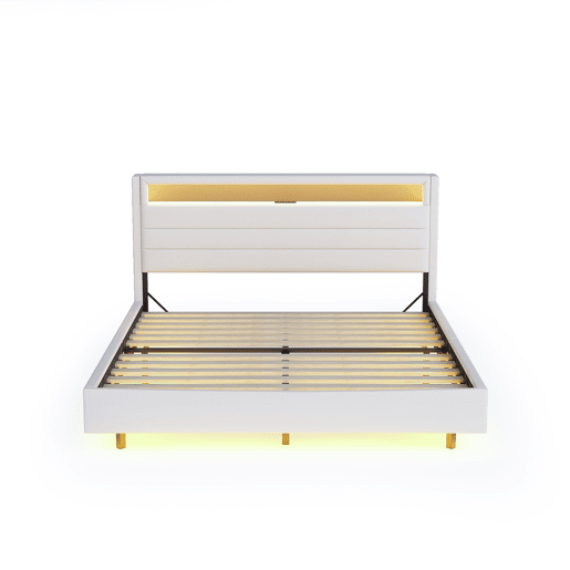 Cama estofada em linho 160x200 cm - com tomada USB e LED - cabeceira reversível - Bege
