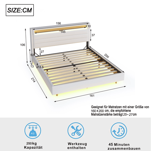 Cama estofada em linho 160x200 cm - com tomada USB e LED - cabeceira reversível - Bege