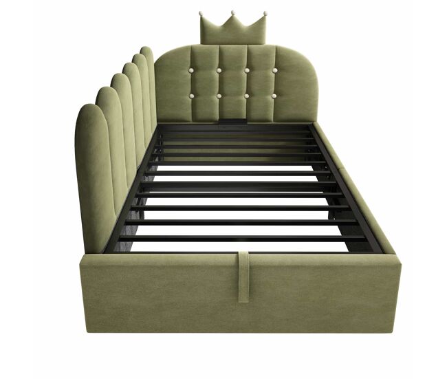 Cama tapizada tipo diván sofá cama 90x190 cm - almacenamiento hidráulico, forma l, terciopelo, diseño corona y rejilla, sin colchón - verde