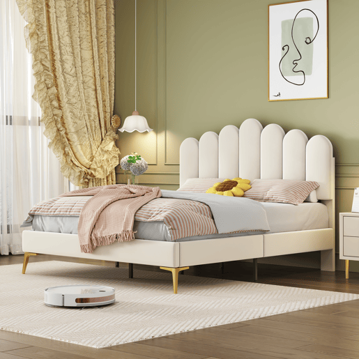 Cama estofada em veludo 140x200cm com estrado de ripas - cabeceira regulável - bege