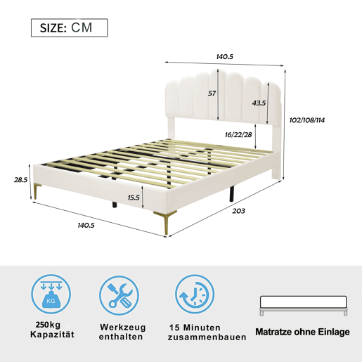 Cama estofada em veludo 140x200cm com estrado de ripas - cabeceira regulável - bege