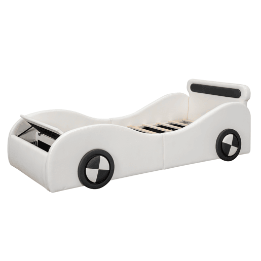 Cama de criança 90x200cm - Cama almofadada em forma de carro com rodas iluminadas - Branco
