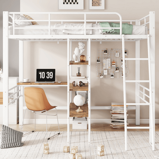 Cama mezzanine 90x200 cm - com secretária e prateleiras para arrumação - Branco
