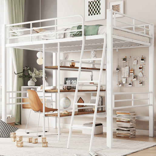 Cama mezzanine 90x200 cm - com secretária e prateleiras para arrumação - Branco