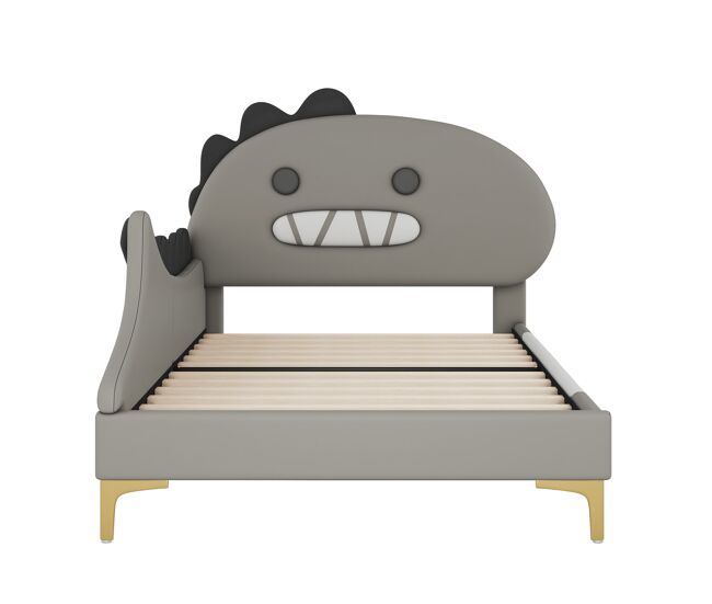 Cama infantil 90x200 cm - con forma de dinosaurio - en símil piel - gris
