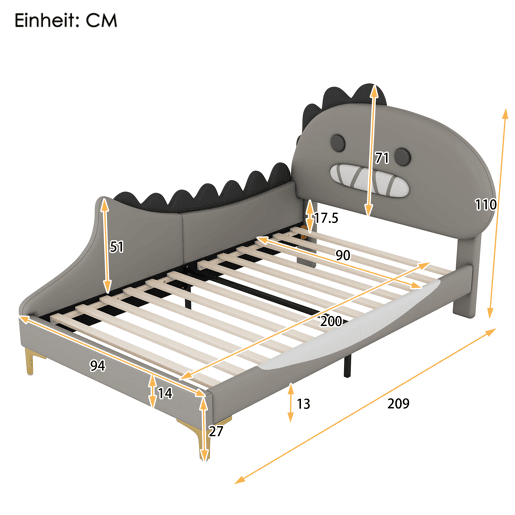 Cama de criança 90x200 cm - em forma de dinossauro - em pele sintética - Cinzento