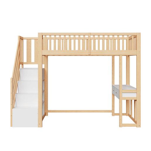 Cama alta 90x200 cm - Mesa multifuncional, escada de armazenamento segura - Branco e carvalho claro