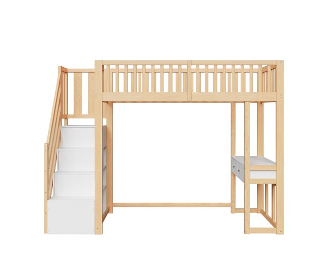 Cama alta 90x200 cm - mesa multifuncional, escalera de almacenamiento segura - blanco y roble claro