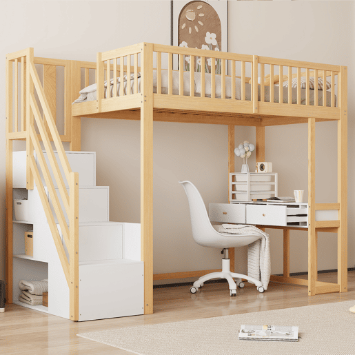 Cama alta 90x200 cm - Mesa multifuncional, escada de armazenamento segura - Branco e carvalho claro