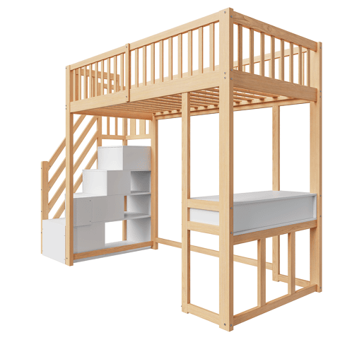 Cama alta 90x200 cm - Mesa multifuncional, escada de armazenamento segura - Branco e carvalho claro