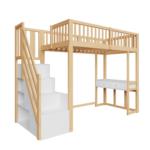 Cama alta 90x200 cm - Mesa multifuncional, escada de armazenamento segura - Branco e carvalho claro