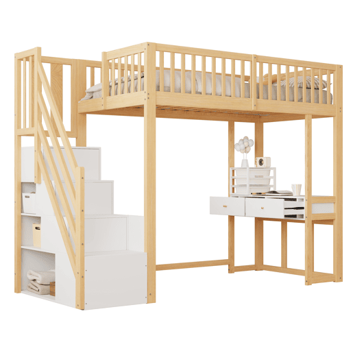 Cama alta 90x200 cm - Mesa multifuncional, escada de armazenamento segura - Branco e carvalho claro