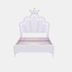 Cama de criança 90x200cm com LED - cama de princesa com almofada de pele sintética - Branco