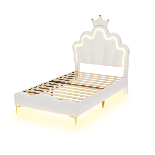 Cama de criança 90x200cm com LED - cama de princesa com almofada de pele sintética - Branco