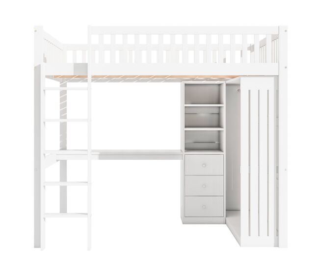 Cama alta de madera de 140x200 cm - con escritorio y armario - blanco