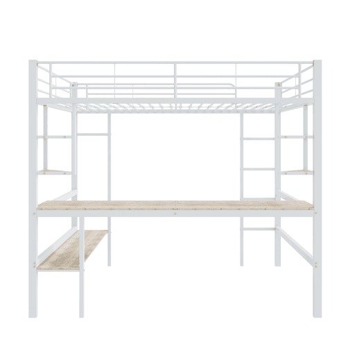 Cama mezzanine em ferro - 90x200 cm - com secretária e 5 prateleiras - Branco