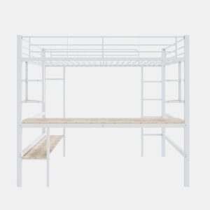 Cama mezzanine em ferro - 90x200 cm - com secretária e 5 prateleiras - Branco