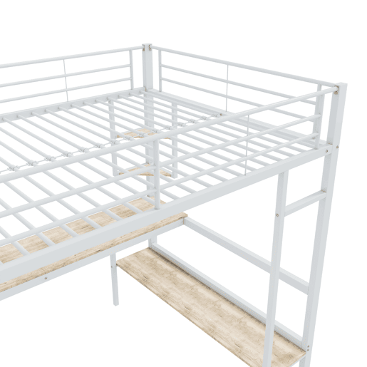 Cama mezzanine em ferro - 90x200 cm - com secretária e 5 prateleiras - Branco