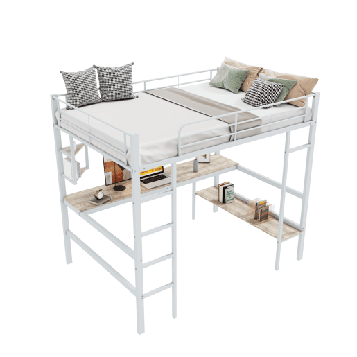 Cama mezzanine em ferro - 90x200 cm - com secretária e 5 prateleiras - Branco