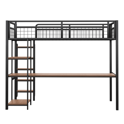 Cama alta de metal 90x200 cm - com secretária e escada de segurança - Preto