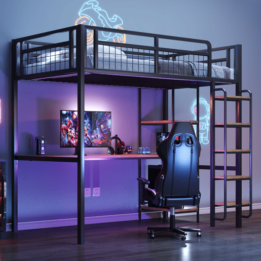 Cama alta de metal 90x200 cm - com secretária e escada de segurança - Preto