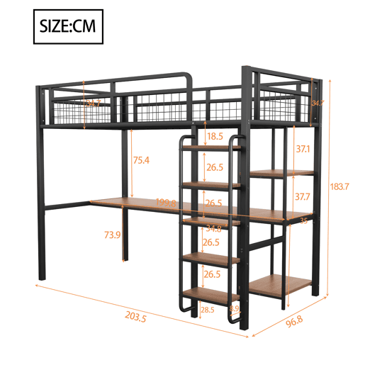 Cama alta de metal 90x200 cm - com secretária e escada de segurança - Preto