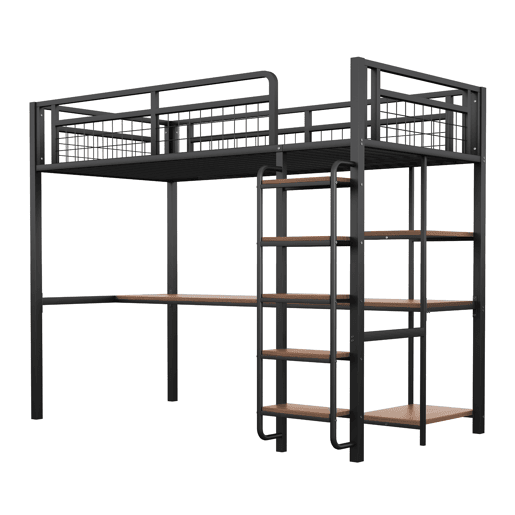 Cama alta de metal 90x200 cm - com secretária e escada de segurança - Preto