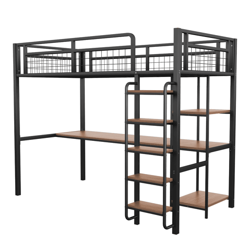 Cama alta de metal 90x200 cm - com secretária e escada de segurança - Preto