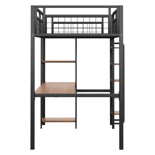 Cama alta de metal 90x200 cm - com secretária e escada de segurança - Preto