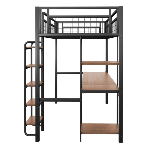 Cama alta de metal 90x200 cm - com secretária e escada de segurança - Preto