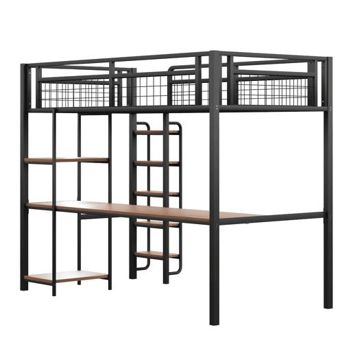 Cama alta de metal 90x200 cm - com secretária e escada de segurança - Preto