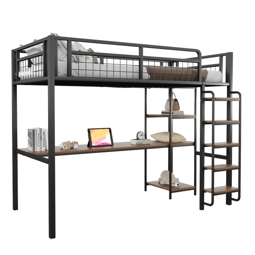 Cama alta de metal 90x200 cm - com secretária e escada de segurança - Preto