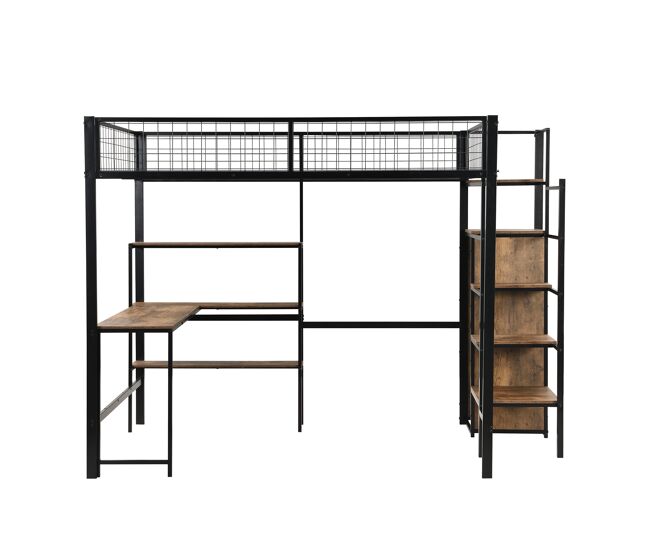 Cama alta 140x200 cm - estructura de hierro - con escritorio y estantes - negro
