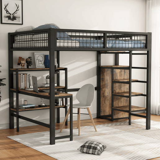 Cama alta 140x200 cm - estrutura em ferro - com secretária e prateleiras - Preto