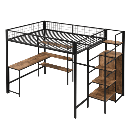 Cama alta 140x200 cm - estrutura em ferro - com secretária e prateleiras - Preto